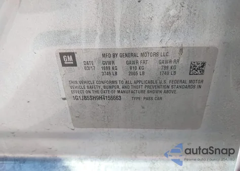 2017 Chevrolet Sonic Ls Auto z USA, uszkodzony, nr VIN 1G1JB5SH9H4156663